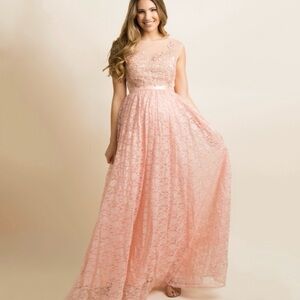 Maniju Blush Pink Floral Lace Embroidered Illusion Neckline Sleeveless Gown